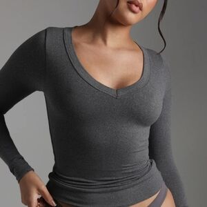 My Outfit Online V-Shape Long Sleeve T-Shirt - Dark Stone Gray